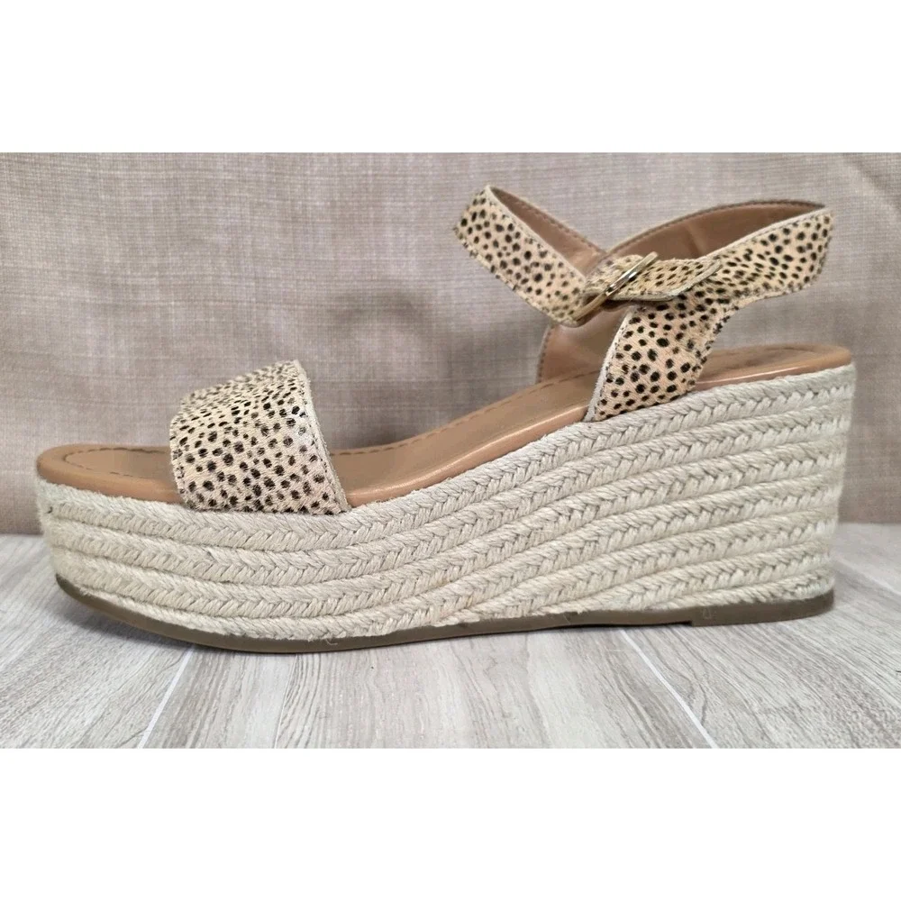 J.Crew AK-128‎ Spotted Leather Espadrille Wedge Sandal Beige Platform Size US 8